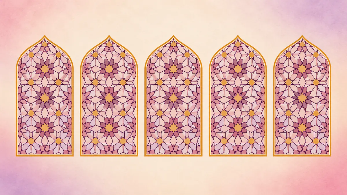 Abstract Islamic geometric pattern in rose, plum and gold: a row of five gold-edged pointed arches filled with star lattice.