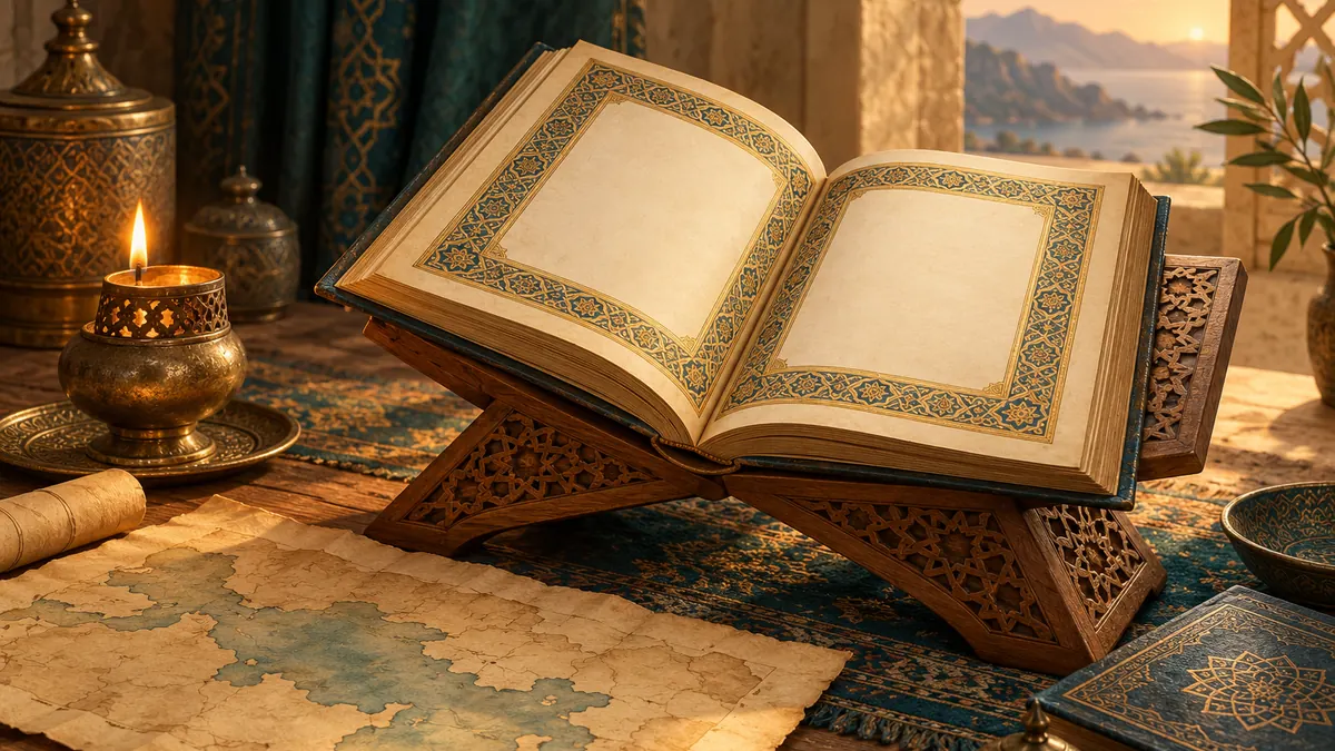 An illuminated antique-style Quran on a carved stand beside an oil lamp and faded parchment.