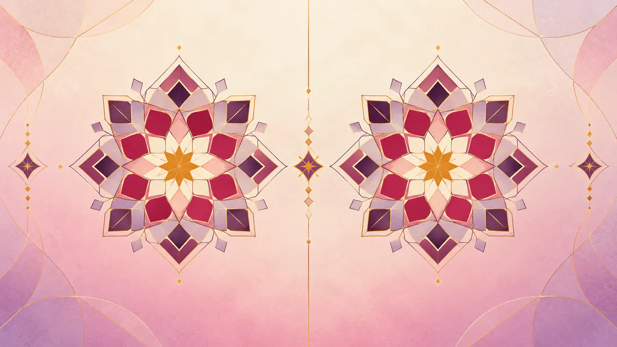 Abstract Islamic geometric pattern in rose, plum and gold: two matching star medallions balanced either side of a gold line.