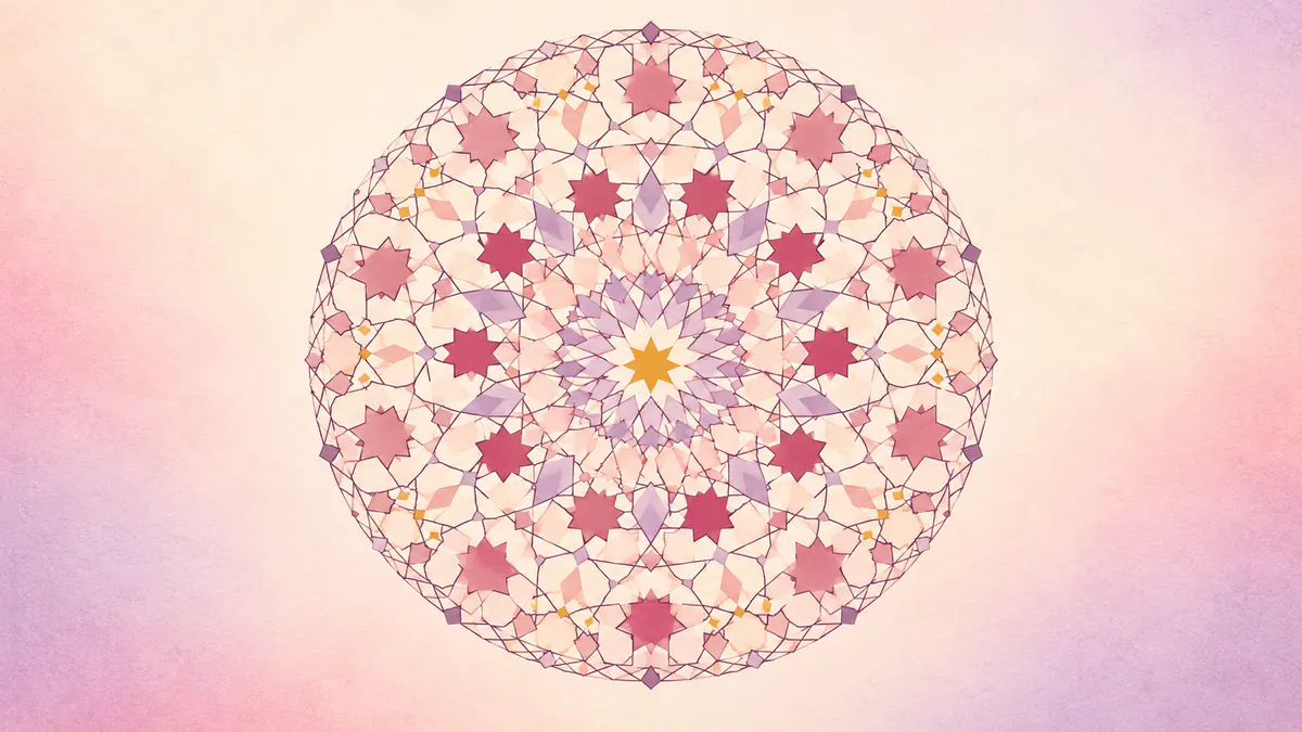 Abstract Islamic geometric pattern in rose, plum and gold: concentric rings of fine star lattice around a tiny gold star.