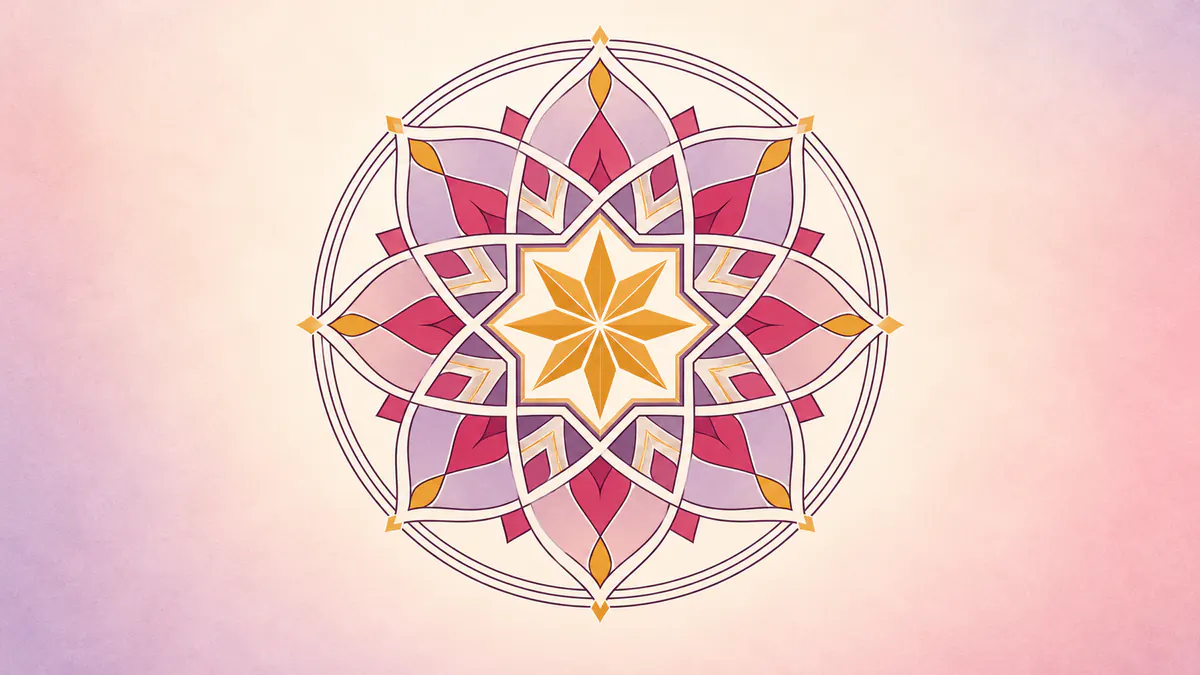 Abstract Islamic geometric pattern in rose, plum and gold: crisp concentric plum rings sharpening into a gold star.