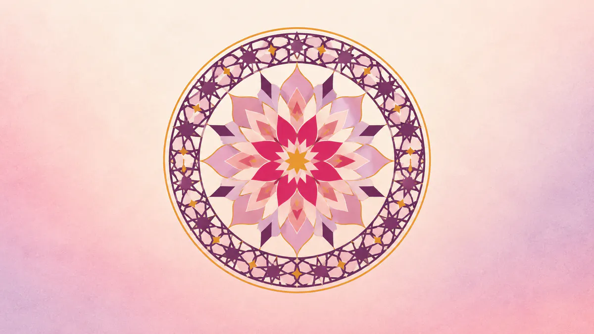 Abstract Islamic geometric pattern in rose, plum and gold: a calm rosette inside a closed circular star border.